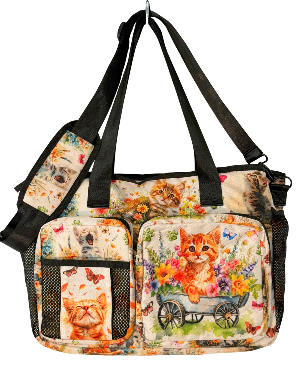 84hoods Organizer Tote Bag Work Laptop Carryall Cute Cat Print 16"Wx12"H Canvas